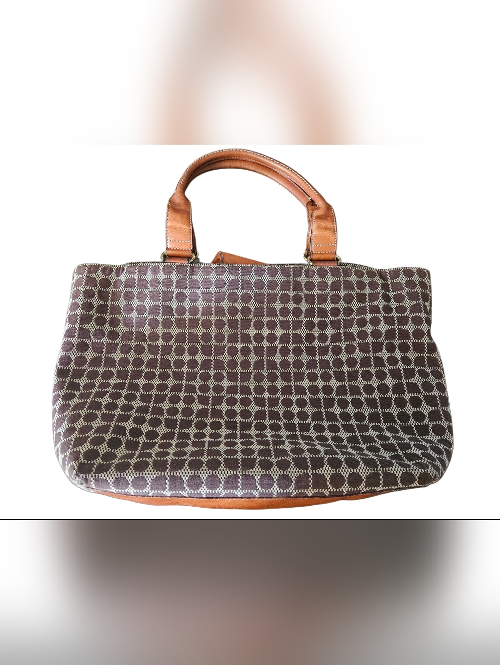 Kate Spade Noel Dot Jacquard Tote Bag Brown Red Stripe Leather Trim - Picture 4 of 10